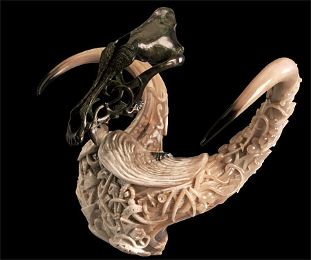 Self Portrait (detail - right 3-4) - musk oxen horn, bronze wolf skull - 14x23x11in - 2009 - Shane Wilson